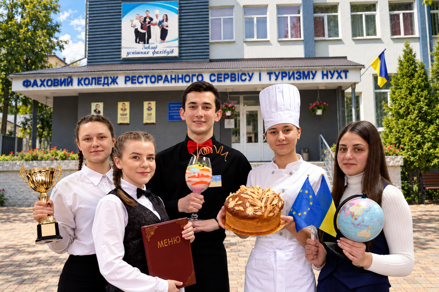 П’ятеро студентів на фоні коледжу